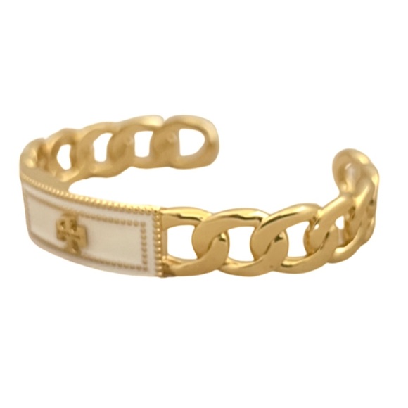 TORY BURCH • White Milgrain Logo Cuff Bracelet - Picture 3 of 7
